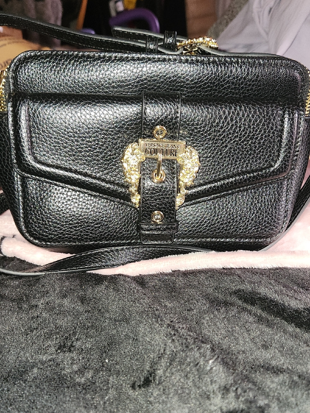 Versace Jeans Collection Black Leather Crossbody with Gold Crest